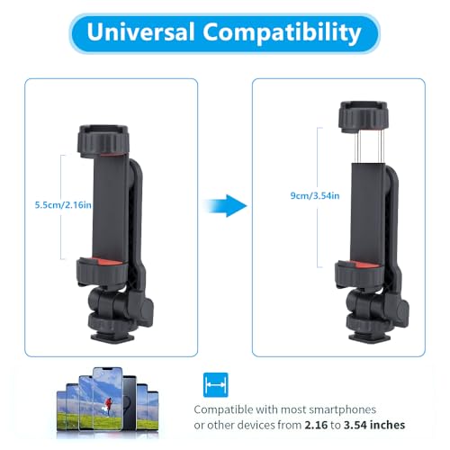 Dual Cold Shoe Phone Mount Holder — Universal Adjustable Smartphone Clamp with Dual Cold Shoe Mounts for Microphone & LED Light, 360° Rotating Ball Head, 1/4"-20 Tripod Screw Compatible