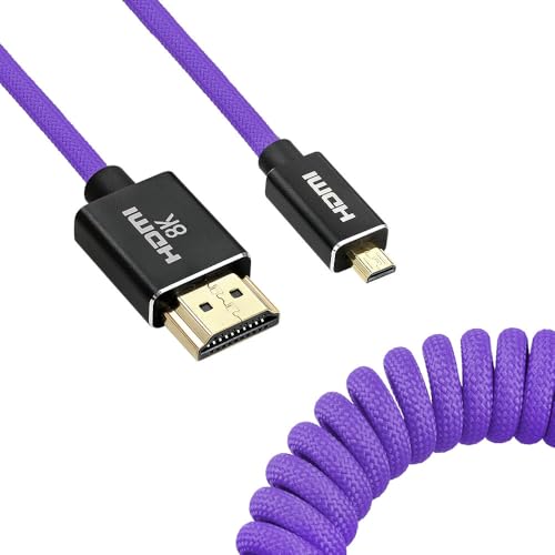 Uonecn Micro HDMI to HDMI Cable Coiled for Atomos Ninja-V, HDMI to Micro HDMI Spring Cord for Canon R5C R5 R6, Support 3D HDR 1080P HD eARC, Purple 12-18" - color: Purple Braided, size: 12-18"