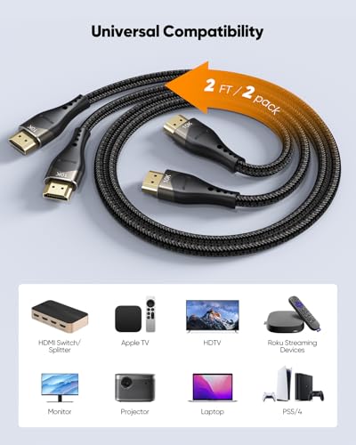 Short HDMI Cable 2FT 2-Pack 10K 8K 4K, HDMI 2.1 Cable 2 Foot 48Gbps Ultra High Speed Braided HDMI Cord 8K@60Hz, 4K@120Hz, eARC, HDR10+, HDCP2.3 for Monitor/HDMI Switch/Camera/TV Box/HDTV - size: 2FT