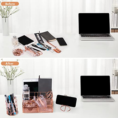 KAAKOW Rose Gold Desk Organizers and Accessories Office Supplies Set Stapler, Pen Holder, Phone Holder, Scissors, Pen, Ruler, 30 Paper Clips, 22 Binder Clip, 20 Tacks and 1000pcs Staples - color: Rose Gold