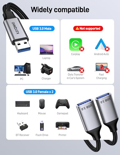 3.3Ft USB 3.0 Male to Dual USB Female Splitter Cable, A Male to 2 Female Extension Cable Support Charging and Data Transfer for Mac, Xbox. - size: 3.3FT