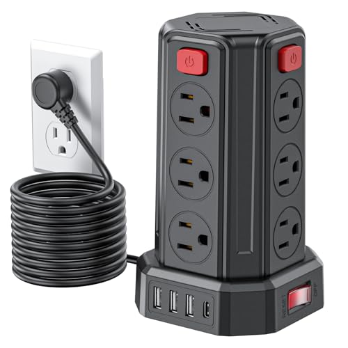 Power Strip Surge Protector, 10 Ft Extension Cord with 12 AC Multiple Outlets 4 USB (1 USB C), SMALLRT Power Tower Desktop Charging Station - color: Black, size: 10 ft