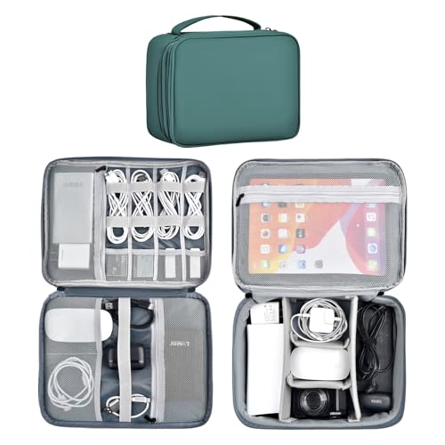 Large Capacity Electronics Accessories Organizer Travel Case with Adjustable Divider Waterproof Leather Cord Shockproof Tech Organizer Bag(Deep Green, Double Layer-Large) - color: Deep Green, size: Double Layer-Large