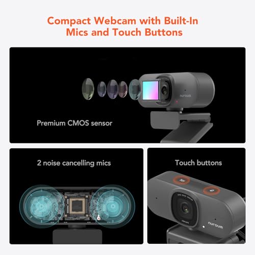 NUROUM V15AF 2K Webcam for PC, 1080P 60fps Autofocus HD Webcam with Dual Noise Cancelling Microphone, 75° FOV&Light Correction, USB Web Camera Plug&Play for Zoom/Teams,Grey - style: V15AF-Grey