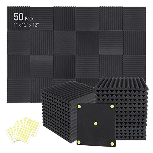 Focusound 50 Pack Acoustic Foam Panels 1" x 12" x 12" Sound Proof Foam Panles Soundproofing Noise Cancelling Wedge Panels for Home Office Recoding Studio with 300PCS Double-Side Adhesive - size: 50 Pack