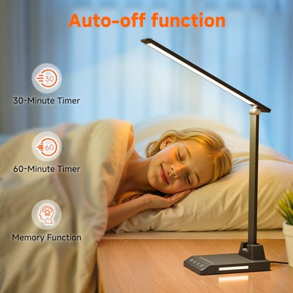 ShineTech LED Desk Lamp with USB-C Charging Port, Dimmable Desk Lamp for Home Office, Eye-Caring Reading Lamp with 25 Lighting Modes, Small Desk Light for Bedroom Nightstand with Adapter - color: Black