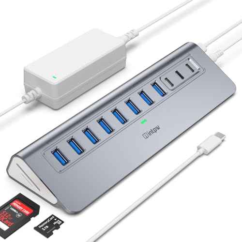 Powered USB Hub 10Gbps, Intpw YH9AC Plus 13 Port USB 3.2 Hub(USB A/USB C 3.2+6 USB-A 3.0+2 PD 45W Fast Charging Port+SD/TF Card Reader), 65W Power Adapter,Aluminum USB HUB for PC,Laptop,iPhone 17/16 - color: Gray, size: 9 Data+2 PD Charging Ports +SD&TF