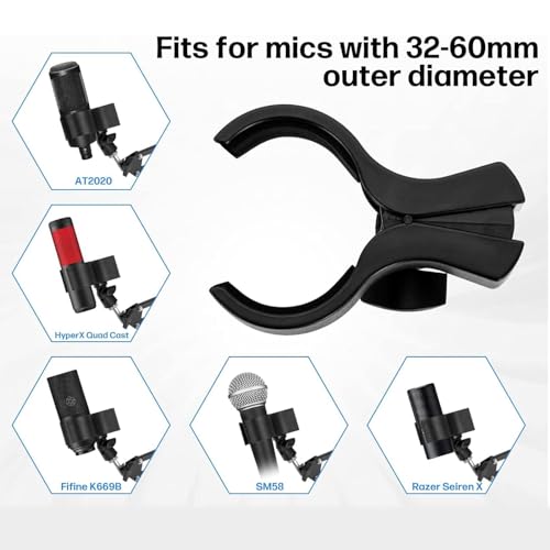 BILIONE Versatile Desktop Microphone Stand, Adjustable Table Mic Stand with Large Microphone Clip, Cell Phone Clip, 5/8" Male to 3/8" Female Metal Adapter - size: Large Clip