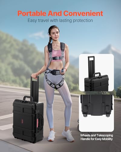 VEVOR Weatherproof Hard Case, Heavy Duty Protective Dry Box with Pre-Cut Foam, Wheels & Retractable Pull Handles for Travel, Hunt, Military, Tactical, IP67 Waterproof Case for Cameras(57x45x28) - size: 22.56*17.72*10.91in