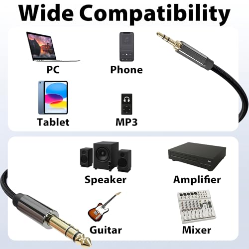 Cyberguys! 3.5mm to 1/4 Cable, TRS to TRS Stereo Audio Cord, 3.5 to 1/4" Braided Cable, Gold-Plated Connectors, Cables for Guitar, Keyboard, Digital Piano, Speaker, Mixer, Amplifier, Headphone, 6.6ft - size: 6.6ft