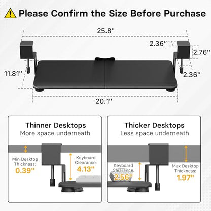 BONTEC KMT01-PJ Under Desk Keyboard Tray, Pull-Out Keyboard & Mouse Platform with C-Clamp, 20 x 11.8 in Space-Saving Ergonomic Slide-Out Drawer, Black - color: Black, size: 20" x 11.8"