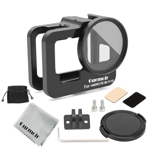 Metal Protective Case for Go Pro Hero 13/12/11/10/9 Black, Upgraded Aluminum Alloy Back Door Housing Frame Video Cage, with 2 Cold Shoe Mount and 52mm Filter