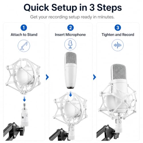 DECHOUS Studio Condenser Microphone Shock Mount with 52mm White Metal Anti-vibration Holder for Desktop Recording and Broadcast Boom Mic Stand