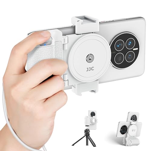 Phone Camera Grip Smartphone Photography Shooting Clip with Tripod Mount & Detachable Wireless Shutter Remote Control, Phone Selfie Grip Handle Stand for iPhone Samsung Android Phone Vlog Video White - color: White
