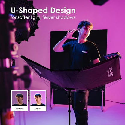RAUBAY Quick-Open Curved Reflector, U-Shape Clamshell Light Reflector with 48in x 26in Photography Diffuser for Studio Portrait&Video Shooting, 4-in-1 Black/White/Silver/Gold, RAPIDLITE, CR-120