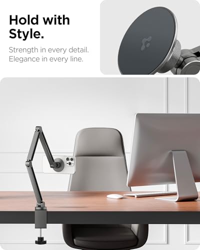 Spigen OneTap (Magfit) Adjustable and Flexible Phone Holder Clamp Stand with Magsafe, Overhead Mount Bed Accessories, Compatible with iPhone 16 15 14 13 12 Series & MagSafe Cases - Space Gray - size: Phone Holder Clamp Stand