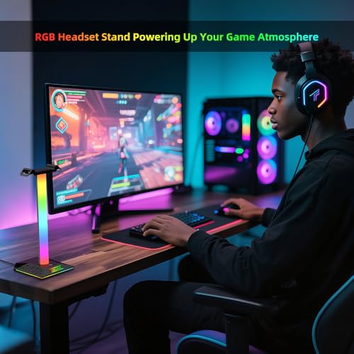 RGB Gaming Headphone Stand with Charging Hub, Headset Holder for Desk with Controller Organizer, 3 Ports USB-A and USB-C, 10 Lighting Modes, Touch Control for PS5 Xbox PC Gaming Setup