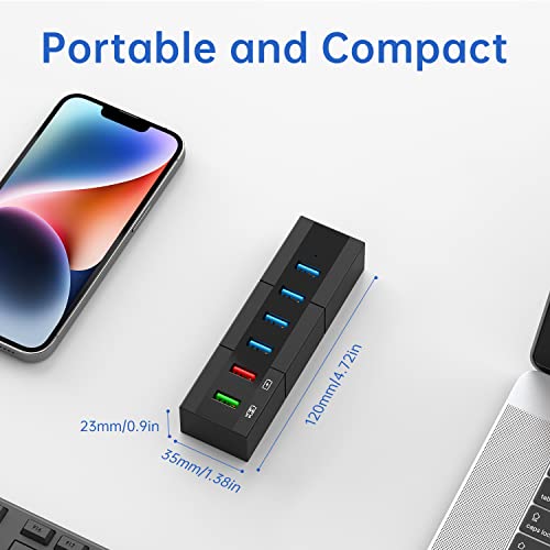 Powered USB 3.0 Hub, RAOYI 6 Ports High Speed USB 3.0 Hub Splitter with 24W Power Adapter, 3.3ft Cable and Smart Fast Charger USB Hub for Laptop, PC, Mac, Mobile HDD, Mulitple Devices (Black) - size: Black, style: 6-Port 24W Rectangle