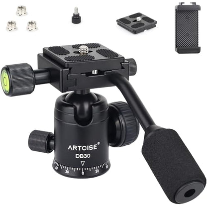 Ball Head with Handle ARTCISE Camera Tripod Ball Head with Two Quick Release Plates and Phone Clip for Monopod, 360 Degree Panoramic Head for Tripod, Monopod, Slider, DSLR Camera，Max Load 22lb/10kg