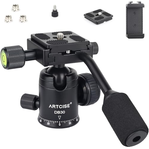 Ball Head with Handle ARTCISE Camera Tripod Ball Head with Two Quick Release Plates and Phone Clip for Monopod, 360 Degree Panoramic Head for Tripod, Monopod, Slider, DSLR Camera，Max Load 22lb/10kg