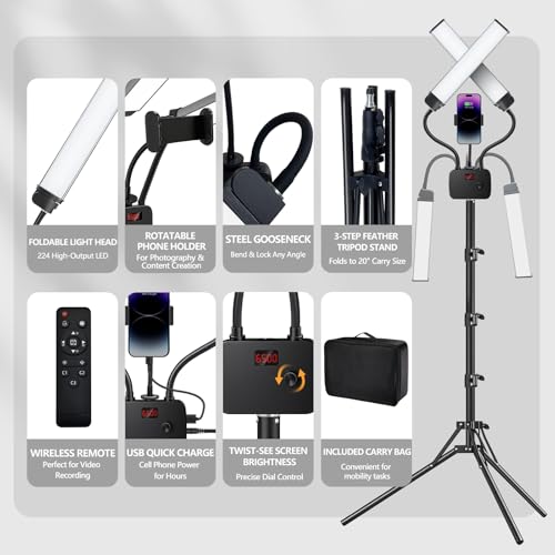 Selfie Light with 75'' Tripod Stand, Dimmable 3 Color LED Dual Arms Ring Light with Phone Holder & Carry Bag for Lash Tattoo Video Photography 45W 95CRI Tripod Floor Lamp