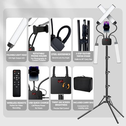 Selfie Light with 75'' Tripod Stand, Dimmable 3 Color LED Dual Arms Ring Light with Phone Holder & Carry Bag for Lash Tattoo Video Photography 45W 95CRI Tripod Floor Lamp