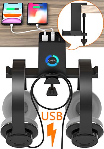 KAFRI RGB Headphone Stand Hanger with USB C Charger, Under Desk Dual Headset Holder Earphone Hook Mount Rack with 3 USB Charging Ports, PC Gaming Desk Accessories