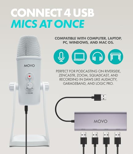Movo USB Podcast Equipment Bundle for 4 – USB Interface with 4 UM700 Condenser Microphones – 4-Port Powered Hub for Streaming, Podcasting, Interviews (White) - style: with 4 Mics (White)