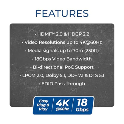OREI HDMI Extender Ethernet 165ft, 4K HDR PoC Two-Way IR HDCP 2.2 LPCM 2.0 | HDMI Balun, Over Ethernet – 18Gbps, HDMI 2.0, Uncompressed Zero-Latency AV, LPCM 2.0, Dolby 5.1