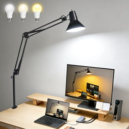 LED Desk Lamp Dimmable with Clamp, Eye-Caring Clip on Lights for Home Office, 3 Adjustable Color Temperature,Extra Tall Metal Swing Arm, High Intensity Clamp w/A19 E26 Bulb for Working Reading - color: Black, size: 3Adjustable Color Temperature-Extra Lon
