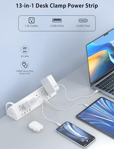 Desk Clamp Power Strip 65W Fast Charging Station,4 PD USB-C,5 Outlets,Nightstand Desk Edge Mount Tower Surge Protector,15 Amp Heavy Duty Power Strip,Fits 1.96" Tabletop Edge (White, 6 FT Cable) - color: White, size: 6 FT Cable