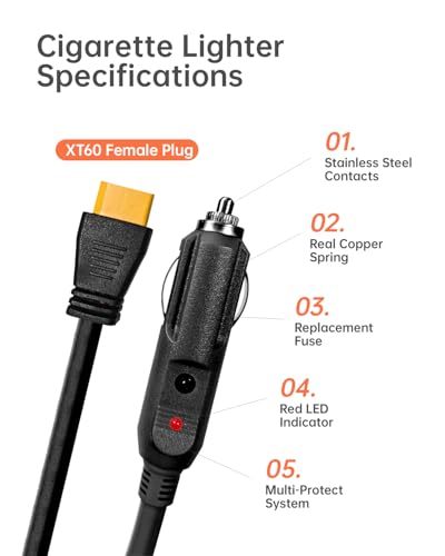 3M(10FT) 12V/24V Car Charging Cable to XT60 Connector, 14 AWG Cigarette Lighter Charger, Compatible with Anker SOLIX C300/C1000/F2000, EcoFlow Delta 2, BLUETTI AC2A Power Station, Black - color: Black