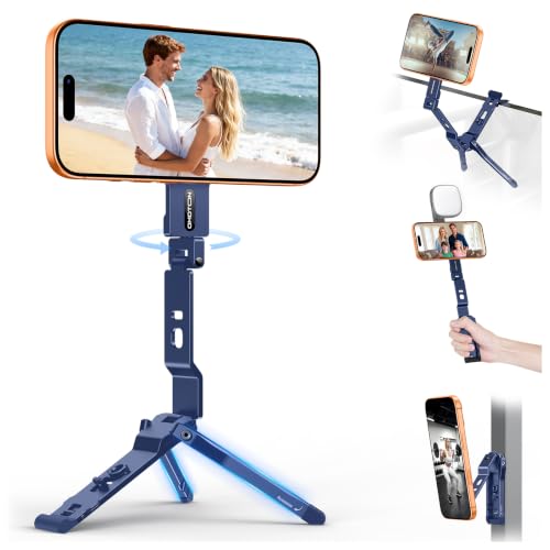 OMOTON TP03 [Ultra-Slim] for MagSafe Tripod, 360° Rotating Magnetic Phone Tripod for iPhone 17/16 Pro Max Air Women Men, Fold Cell Phone Stand with 1/4" Screw & Hook Fits Vlog, Live, Travel, Blue - color: Blue