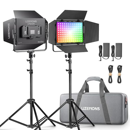 GODOX Litemons LP600R 60W RGB LED Video Light Panel,2-Pack with Light Stand,1800K-10000K,9270lux@0.5m,APP Controlfor Studio Photography Video Recording Live Streaming (LP600R 2 Pack kit)