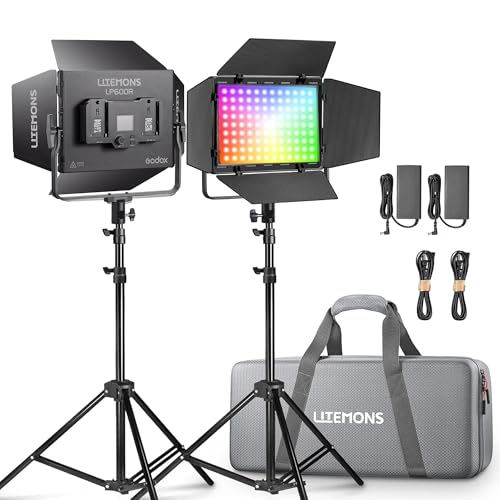 GODOX Litemons LP600R 60W RGB LED Video Light Panel,2-Pack with Light Stand,1800K-10000K,9270lux@0.5m,APP Controlfor Studio Photography Video Recording Live Streaming (LP600R 2 Pack kit)
