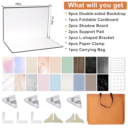 Product Photography Backdrops with Shadow Boards, 9Pcs 18 Curated Patterns Photography Prop Kit, Portable Small Photo Backdrop Board and PVC-Coated UGC Backdrops for Food Jewelry Mini Items, 16x11.5in