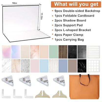 Product Photography Backdrops with Shadow Boards, 9Pcs 18 Curated Patterns Photography Prop Kit, Portable Small Photo Backdrop Board and PVC-Coated UGC Backdrops for Food Jewelry Mini Items, 16x11.5in