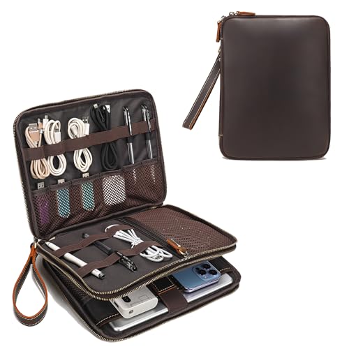 LANNSYNE Full Grain Leather Travel Cable Accessories Bag, Electronic Organizer Carry Case Double Layer Storage Case for Cables, Charger, Phone, Power Bank - color: Brown
