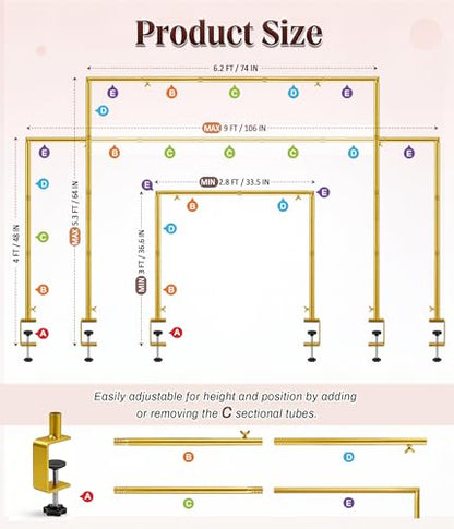 MEILIDY Over The Table Rod Stand with Clamps for Balloon Backdrop, Gold | Adjustable 33.5-106 Inch Length 36.6-48 Inch Height, Fits for Party Wedding Birthday Anniversary - color: Gold
