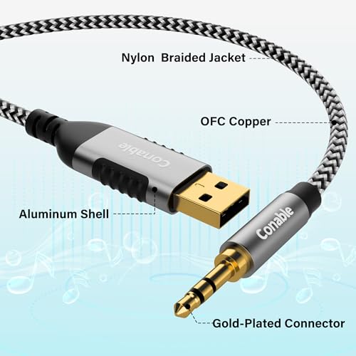 USB to 3.5mm Audio Cable 15 FT, USB A to 1/8’’ TRS Aux Jack Adapter, OFC, Nylon Braided, Gold-Plated Connector, for PC, Laptop, Speaker, PS5/4 Windows, Headphones, Not for Recording and Microphone - size: 15FT