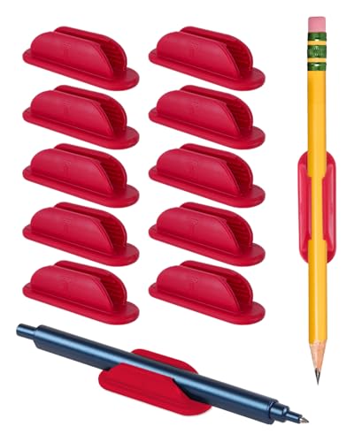 Tiizze Adhesive Pencil Holders for Desk Set of 10 - Silicone Pen Holder with 15 PCS Upgraded Adhesive Pads - Flexible Pencil Holder for Walls Clipboards, Office Essentials Accessories Teacher Supplies - color: Red