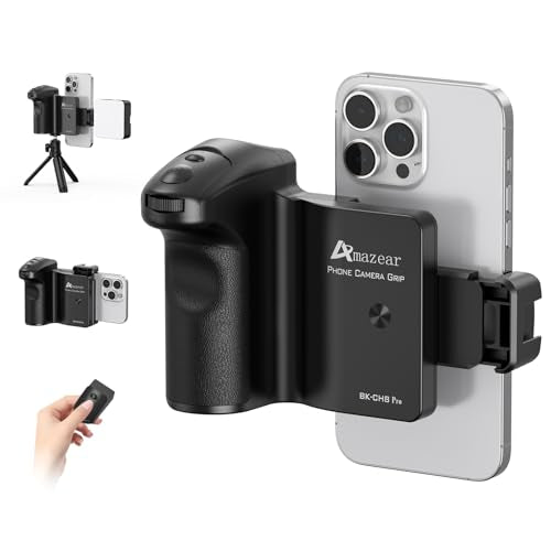 AMAZEAR Shutter Grip for iPhone 17 Pro Max/Android Mobile Phones, DSLR Camera Style Cellphone Photography Handle with Bluetooth Remote for Samsung Galaxy S26 Ultra, for Google Pixel, Compatible iOS26
