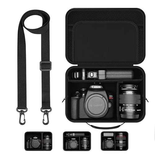Hard Shell Camera Case Compatible with Canon EOS Rebel T7/R50/R100 and More DSLR & Mirrorless Cameras – Portable Travel Bag with Adjustable Dividers, Mesh Pocket & Shoulder Strap (Black) - color: Black