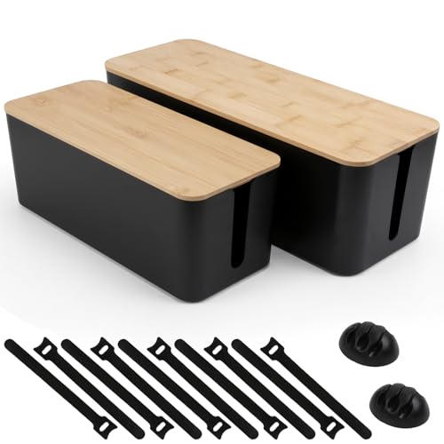 2 Pack Cable Management Box - Cord Organizer Box with Wooden Lid for TV Wires, Power Strips, Router, USB Hub & Under Desk Power: Baby & Pet Proof Cord Management, Cord Hider for Home & Office(Black) - color: Black