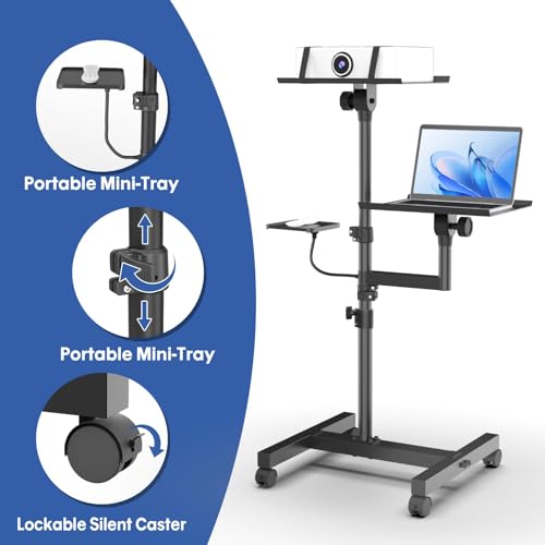 Projector Stand, 2 Shelves Mobile Laptop Cart with Adjustable 47" Height | top tray tilts 30°,4 quiet casters with 2 locks,sturdy H-beam steel frame,mouse tray included,for home,outdoor