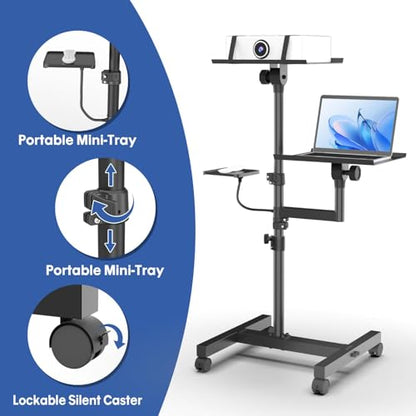 Projector Stand, 2 Shelves Mobile Laptop Cart with Adjustable 47" Height | top tray tilts 30°,4 quiet casters with 2 locks,sturdy H-beam steel frame,mouse tray included,for home,outdoor