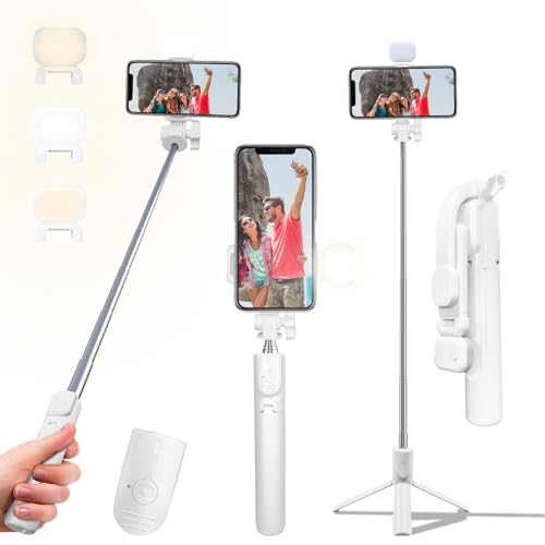 Selfie Stick Tripod, 40 in Retractable Tripod for iPhone with Wireless Remote Control & Light, Portable Phone tripods for Photograph, Live Streaming, Video Recording, Compatible with All Cellphones - color: White