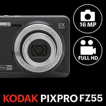 Kodak PIXPRO FZ55-BK 16MP CMOS Sensor Digital Camera 5X Optical Zoom 28mm Wide Angle 1080P Full HD Video 2.7" LCD Vlogging Camera (Black) | 16.35MP 1/2.3 CMOS, 5x Optical, 1080p at 30fps Video, 2.7 LCD, SD and SDHC and SDXC, Li-Ion Battery - color: Black