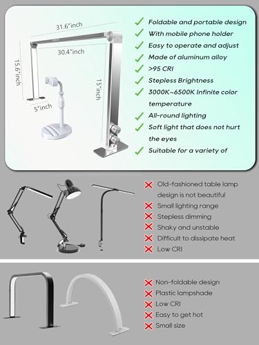 Upgraded Nail Tech Lamp for Desk, 32 in Foldable Large Nail Light with Phone Holder, 3000K-6000K CRI＞95 LED Manicure Lamp, Half Moon Light for Lash Eyelash Extension, Tattoo, Eyebrows-Diamond Silver - color: Diamond Silver