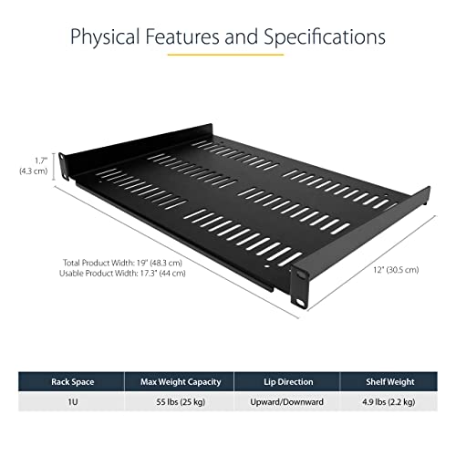 StarTech 1U Vented Cantilever Shelf, 12in, 55lb, 25kg (SHELF-1U-12-FIXED-V) | Universal 19in EIA-310 fit, 30.5cm depth, 2.0mm SPCC steel, Network equipment rack, Cabinet, Tray - size: 12", style: single
